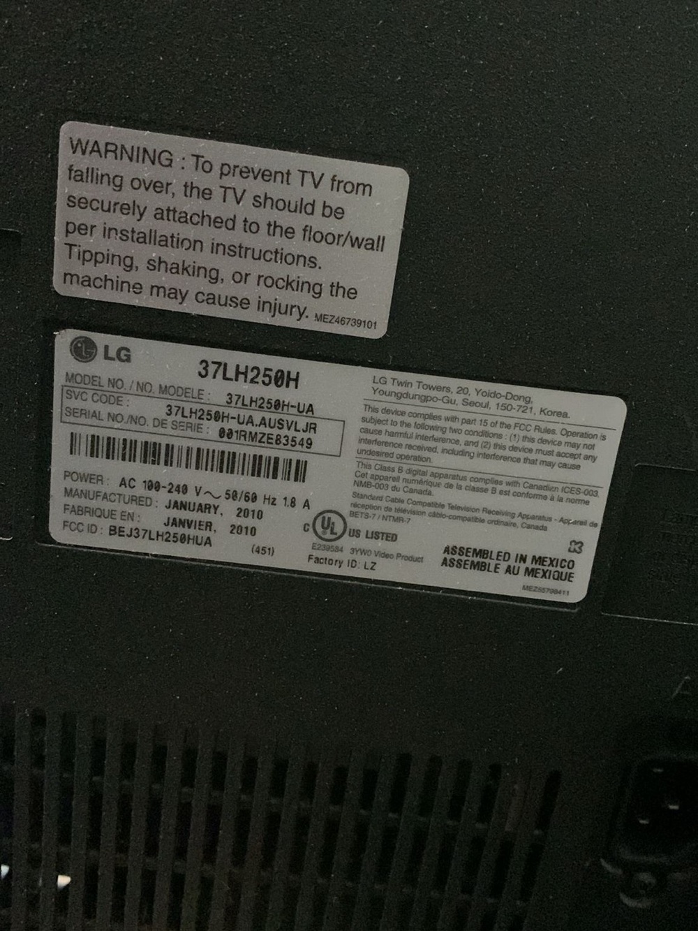 LG Black TV Rear Panel with Model Label - Picture 2 of 2